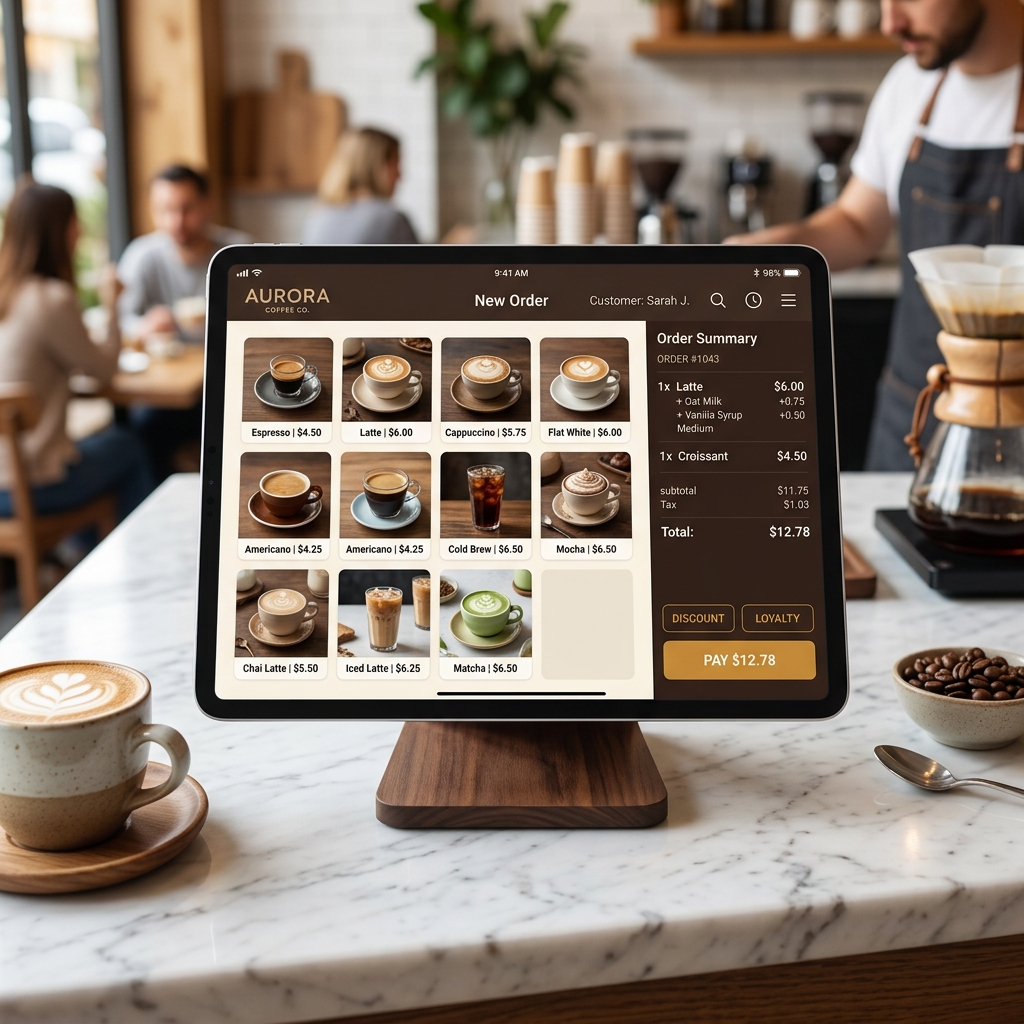 BrewFlow POS interface on a tablet